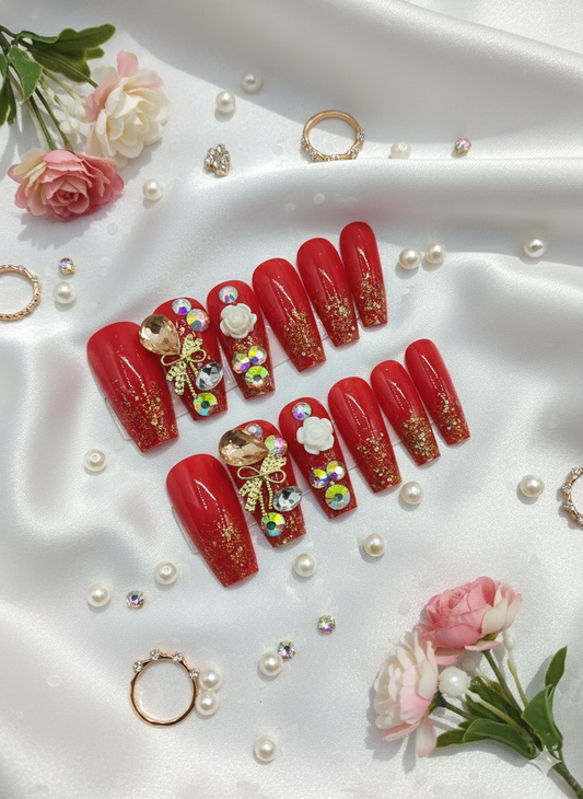 Red Valvet and Beads Nails